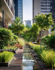 The greenery showcases a sustainable urban design with rain gardens and permeable surfaces...