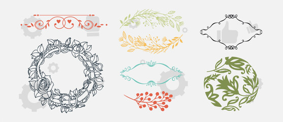Hand drawn floral frames and divider with flowers and leaves. Elegant logo template. Vector illustration vintage decorative elements for label, branding ,wedding invitation, greeting card