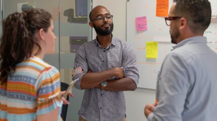 Obraz premium Three people are standing in front of a whiteboard with a lot of notes on it
