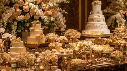A lavish dessert table with tiered cakes, sweet treats, and floral arrangements in elegant gold and white tones.