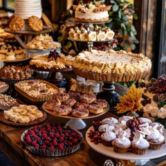 A lavish dessert table overflowing with pies, cakes, cookies, and fresh fruit.