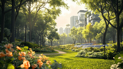 Solar panels generating electricity in city park, modern building background. Sustainable development green earth emphasize on environmental conservation and climate change using clean energy concepts