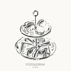 Hand drawn vector food ink sketch illustration. Sweet macarons, strawberries, sandwiches on a tray stand.