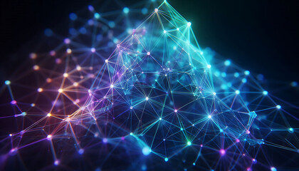 Abstract geometric design featuring a network of illuminated translucent lines forming interconnected shapes. The vibrant hues of blue purple and green create a dynamic glow against a dark background