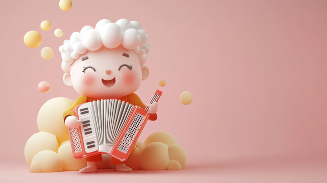 Cute 3D character playing an accordion with joyful expression, surrounded by soft pastel colors and playful bubbles. This whimsical scene evokes happiness and creativity