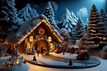 A festive postcard of Santa's workshop, showing elves preparing gifts and the North Pole glowing with holiday magic