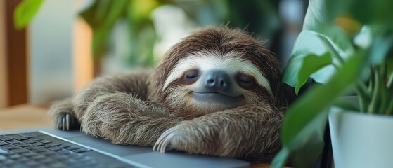 A relaxed sloth peacefully sleeps in an office space. embracing a tranquil and unconventional workplace vibe