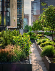 The greenery showcases a sustainable urban design with rain gardens and permeable surfaces strategically placed for managing stormwater runoff
