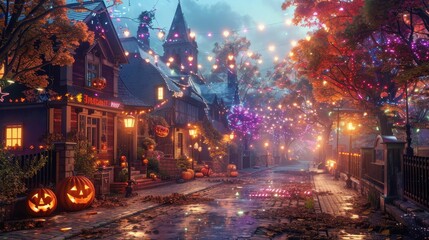 Obraz premium A magical Halloween night in a quaint town, with glowing pumpkins, twinkling lights and a mystical atmosphere.