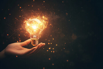 A human hand holding a glowing lightbulb, emitting swirling lines of light and particles, representing an inspiring idea on a dark gradient background.