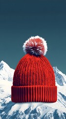 Woolen Hat with Textured Pom Pom Accentuating a Scenic Snow Capped Mountain Vista