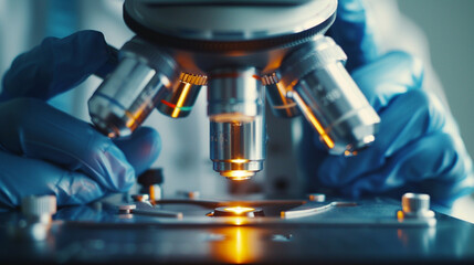 A scientistâs hands carefully adjusting a microscope, with a single drop of liquid glowing on the slide, representing a major scientific breakthrough.