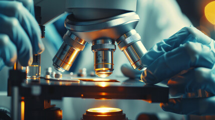 A scientist&acirc;s hands carefully adjusting a microscope, with a single drop of liquid glowing on the slide, representing a major scientific breakthrough.