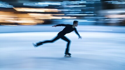Fototapeta premium A figure skater glides swiftly across the ice, captured in motion with a blurred background.
