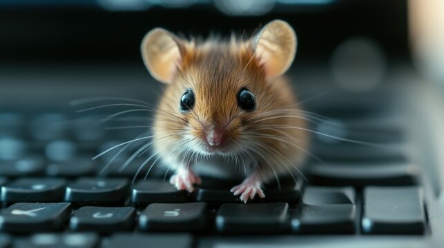 A curious office mouse scurrying across the computer keyboard, their tiny form and nimble movements creating a playful, unexpected distraction