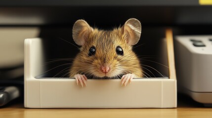 Fototapeta premium Curious Office Mouse: Playful Distraction in Desk Organizer