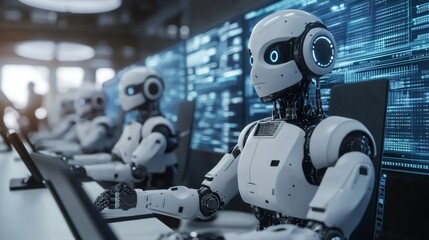 Fototapeta premium White humanoid robots working at a computer, focusing on a single robot looking at the screen.