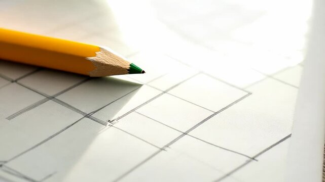 Close-up of a pencil lying on a grid paper, symbolizing planning, drafting, or design work.