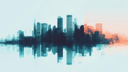 Fototapeta premium An abstract city with stock market fluctuations reflected in the windows of skyscrapers, representing economic growth strategies, Digital Art, High contrast