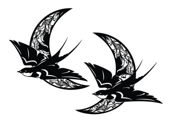 flying swallow bird with crescent moon -  black and white vector decorative design for bedtime and sweet dreams concept