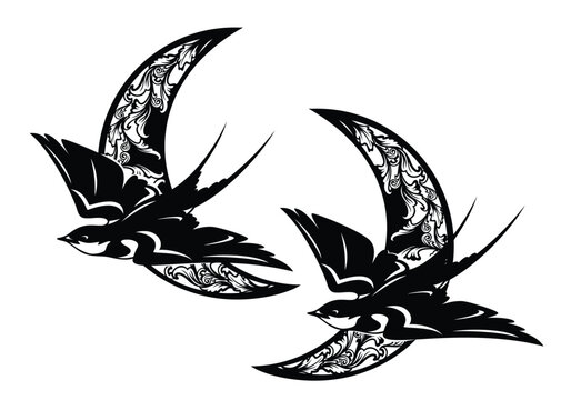 recommend clip art: flying swallow bird with crescent moon -  black and white vector decorative design for bedtime and sweet dreams concept