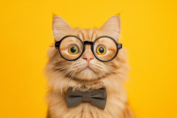 a fluffy cat wearing oversized round glasses and a bow tie, standing against a bright yellow background, with a curious and playful expression