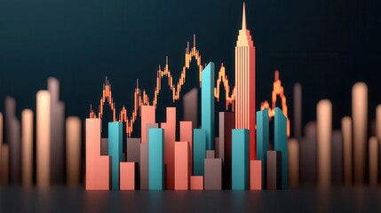 A futuristic city skyline with glowing stock market graphs rising and falling in the background, symbolizing economic fluctuation, 3D rendering, Neon, Blue tones