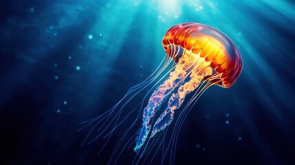 Glowing jellyfish in deep blue ocean, illuminating their surroundings, underwater glowtime, captivating and surreal marine life