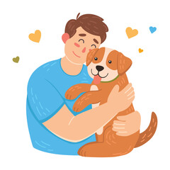 Happy pet owners. A young man hugs a dog. Cute flat vector illustration.
