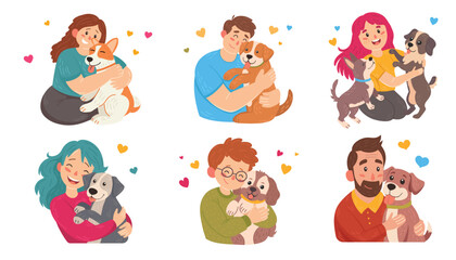 Set of Happy owner and pet concept vector. Happy people embracing cute canine animals. People hugging dogs.