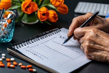 A home health aide organizing a patient's calendar, setting reminders for medication, doctor visits, and activities to keep the patient on track