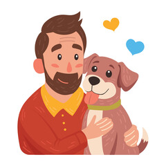 Happy pet owners. A young man hugs a dog. Cute flat vector illustration.