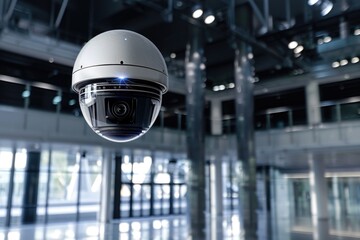 A white indoor or outdoor surveillance camera with a blue LED light.