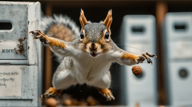 An energetic squirrel frantically dashing around the filing cabinets, gathering "acorns" and creating a flurry of activity