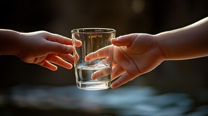 a glass of water in the hands of a child. Selective focus