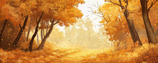 A peaceful autumn landscape with a pathway covered in golden leaves, set against a backdrop of trees in warm hues, creating a serene, inviting atmosphere.