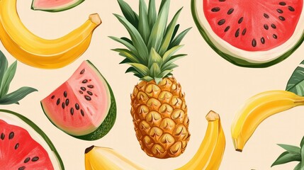 A seamless tropical fruit pattern featuring pineapples, bananas, and watermelons, perfect for vibrant, summer-themed backgrounds