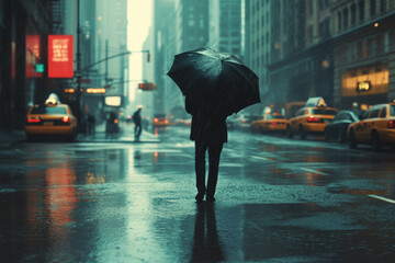 A solitary figure stands under black umbrella on rainy street, surrounded by yellow taxis and glistening pavement. atmosphere is moody and reflective, capturing essence of bustling city in rain