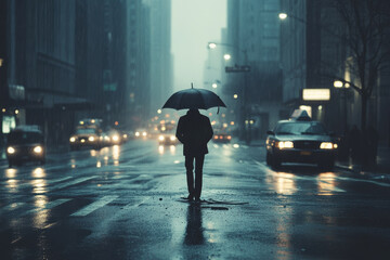 Obraz premium A solitary pedestrian stands under an umbrella on rainy street, surrounded by blurred city lights and reflections on wet pavement, evoking sense of calm amidst urban hustle