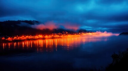 Fototapeta premium Dense fog covering a coastal town at dawn, foggy weather, quiet and eerie