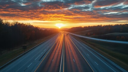 Naklejka premium Empty asphalt road in rural landscape in the rays of the sunset with dark storm cloud