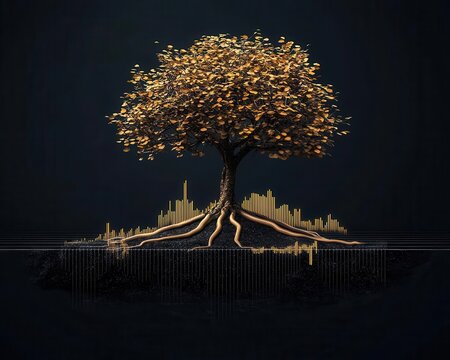 An abstract tree with fluctuating stock graphs growing from its roots, symbolizing market strategies, Digital Art, High-detail