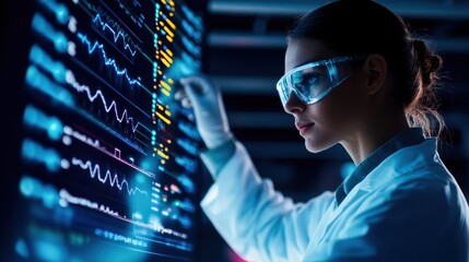 Scientist in a futuristic biotech lab analyzing bioinformatics data on a holographic display