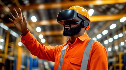 A worker wearing virtual reality headset in an industrial warehouse, exploring new technology and immersive experiences.