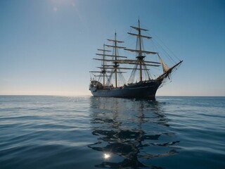 A ship sails calmly across the vast sea under a clear sky.