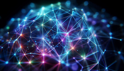 Obraz premium Abstract geometric design featuring a network of illuminated translucent lines forming interconnected shapes. The vibrant hues of blue purple and green create a dynamic glow against a dark background