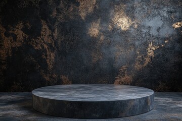 Abstract art piece showcasing a circle in the center of an illuminated marble table with gold vein patterns.