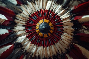 Red, black and white feathers arranged in a traditional pattern.