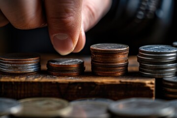 Close-up of hands organizing a pile of variously dated penny coins onto a wooden tray, demonstrating the process of sorting and possibly counting or arranging money for transactional purposes.