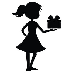 Christmas Silhouette Girl Holding Gift Line Art.